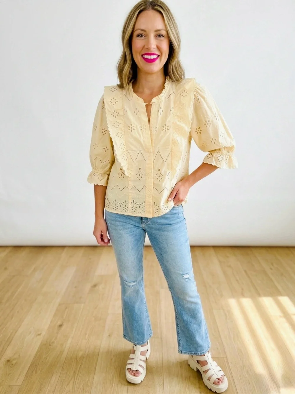 Zara Cream Eyelet Lace Ruffle Blouse Small - Romantic Cottagecore Button Up Top